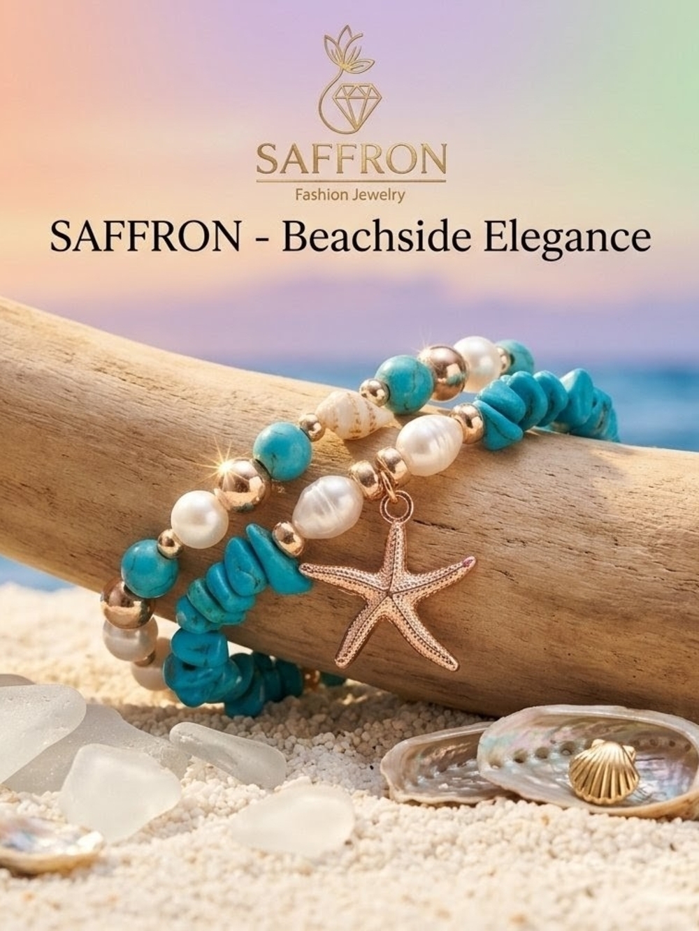 Saffron Jewelry Beach Coastal Turquoise & Pearl Bead Bracelet Set Starfish Charm